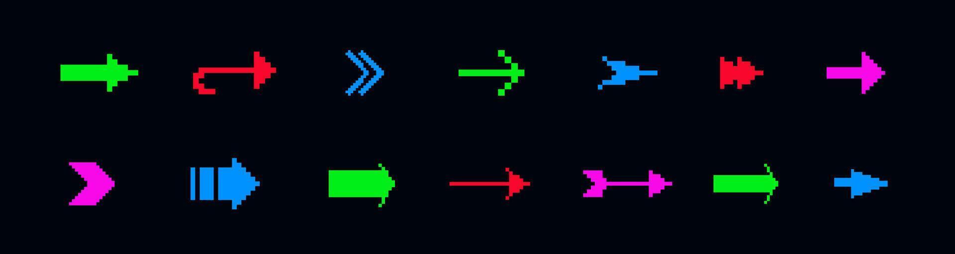 8bit colored arrow icon. Pixel retro arcade game arrow vector