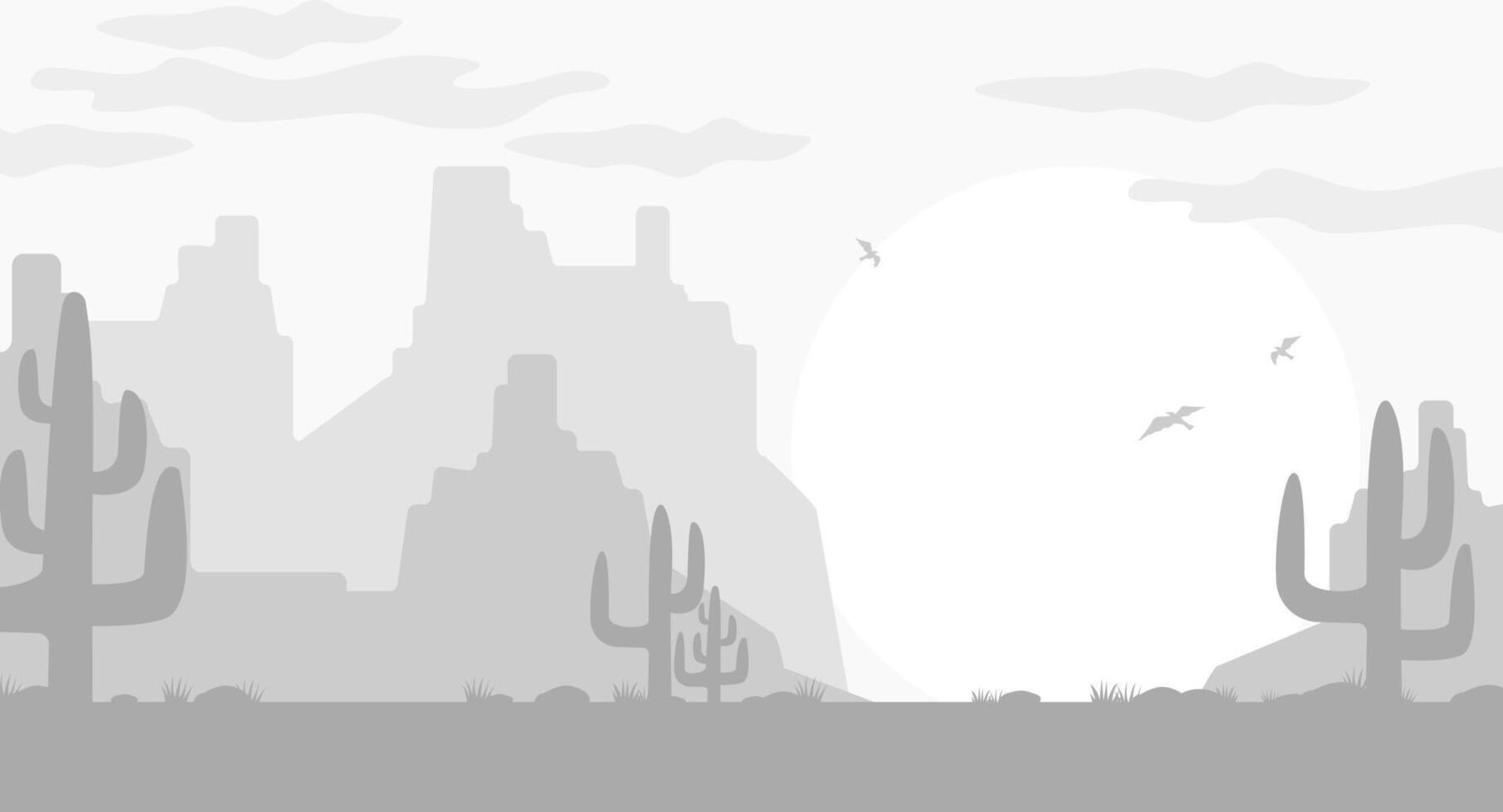 Wild Western Texas desert landscape sunset with mountains and cactus in flat cartoon style. vector