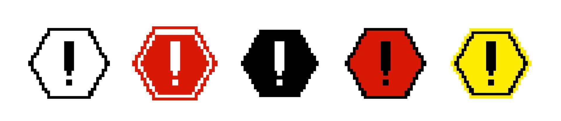 8 bit caution hexagon road sign icon. vector