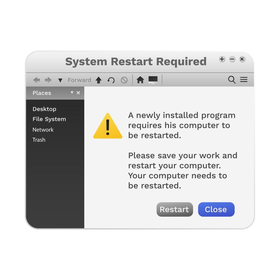 System pop-up window with restart warning message. vector
