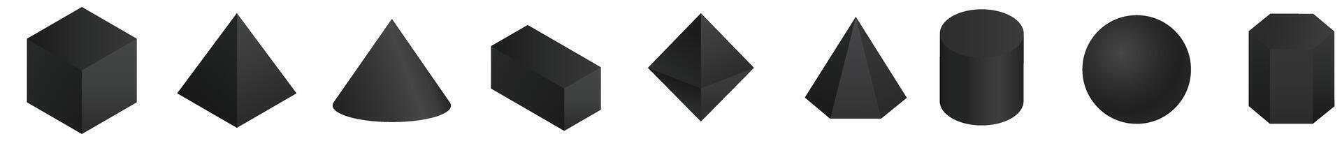 Black geometric shapes set. Sphere with cone and triangle as pyramid design vector