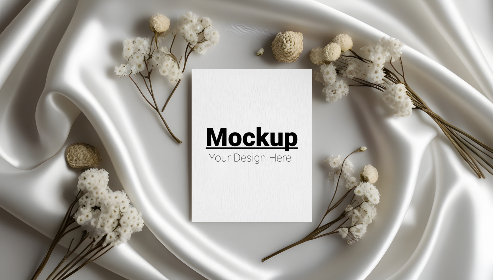 Charming Greeting Card Mockup Embraced by Satin and White Florals psd