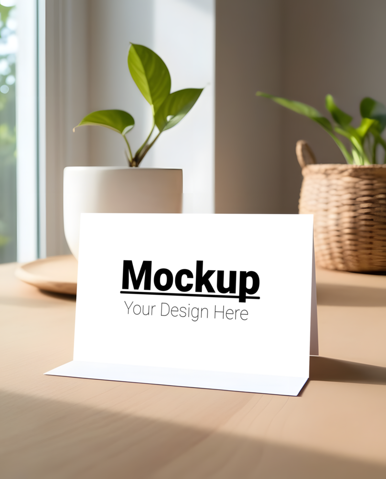 Minimalistic Greeting Card Mockup on Wooden Surface psd