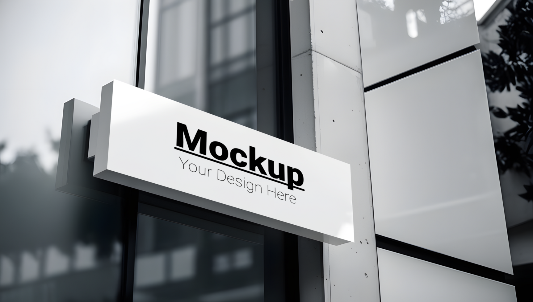 A white sign on a building with a black background psd
