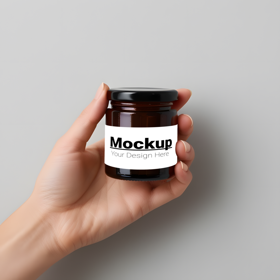 Layout of cream jar in hand on gray background psd