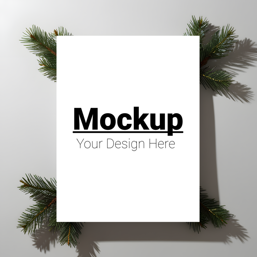 Rustic Greeting Card Mockup Featuring Winter Pine Decor psd