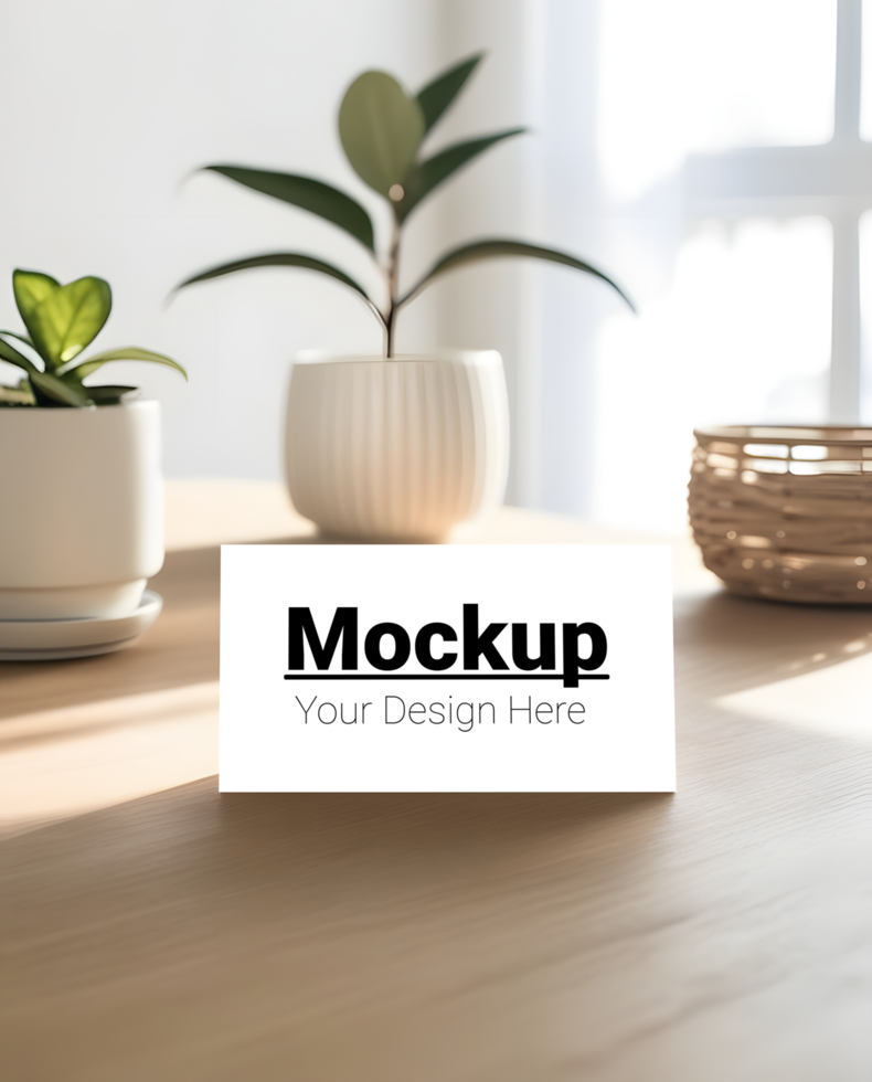 Clean Greeting Card Presentation on Wooden Table psd