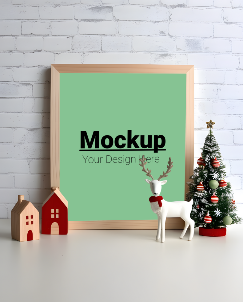 Christmas frame mockup with christmas tree and house psd