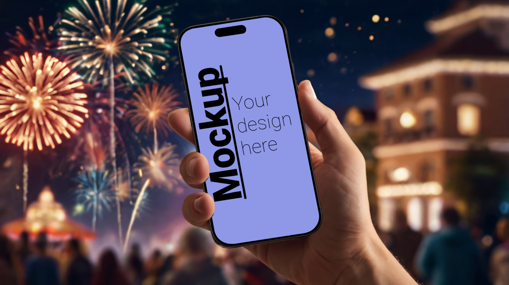 Hand holding a smartphone with a fireworks background psd