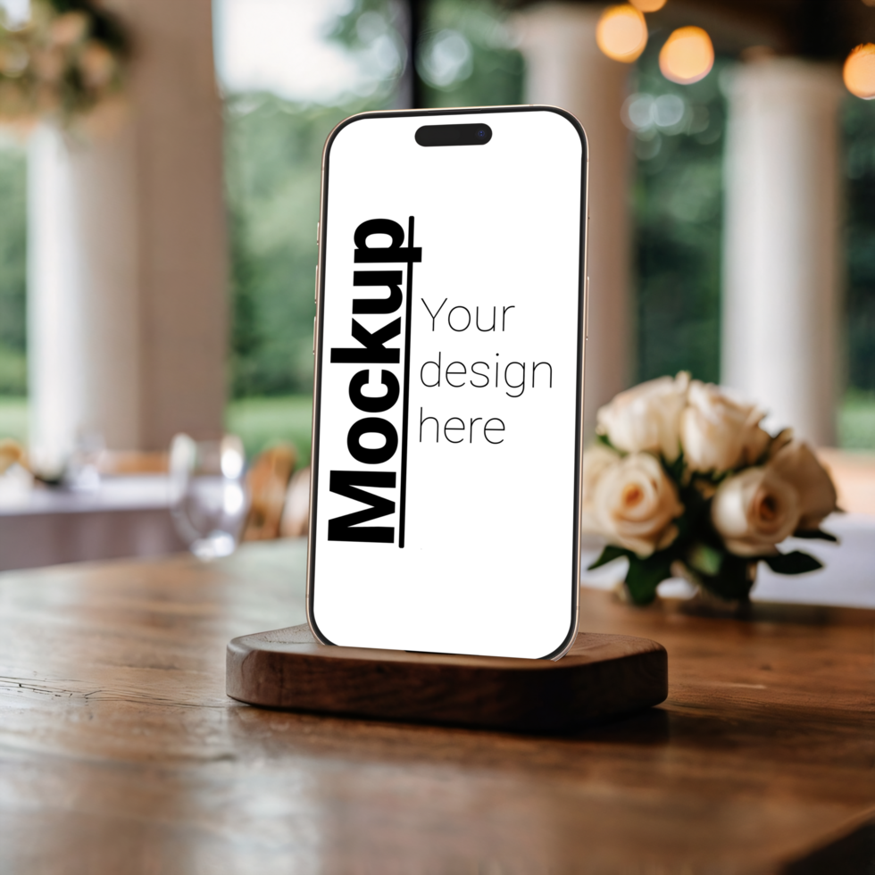 Smartphone mockup on wooden table psd