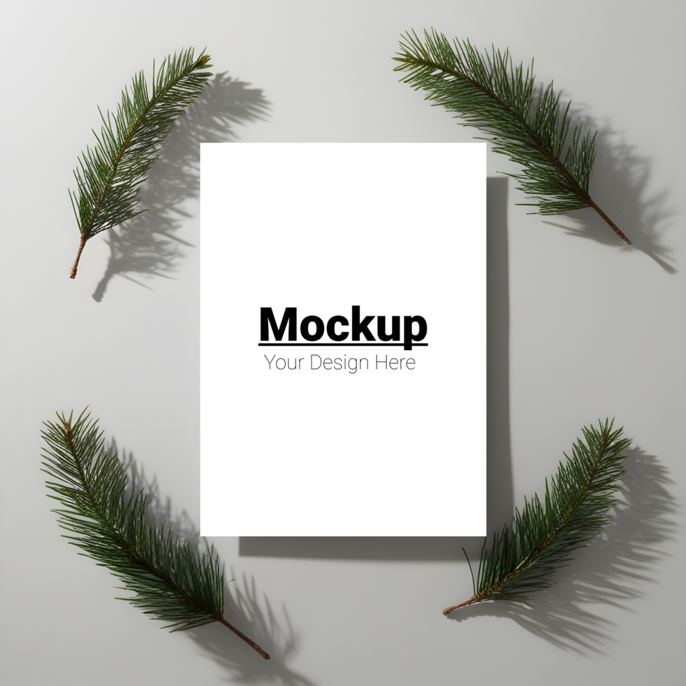 Seasonal Greeting Card Display with Pine Branches psd