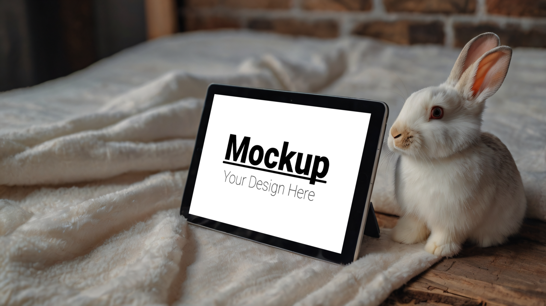 Tablet Mockup with a Cozy Rabbit Companion Present Your Design in a Warm, Natural Scene psd