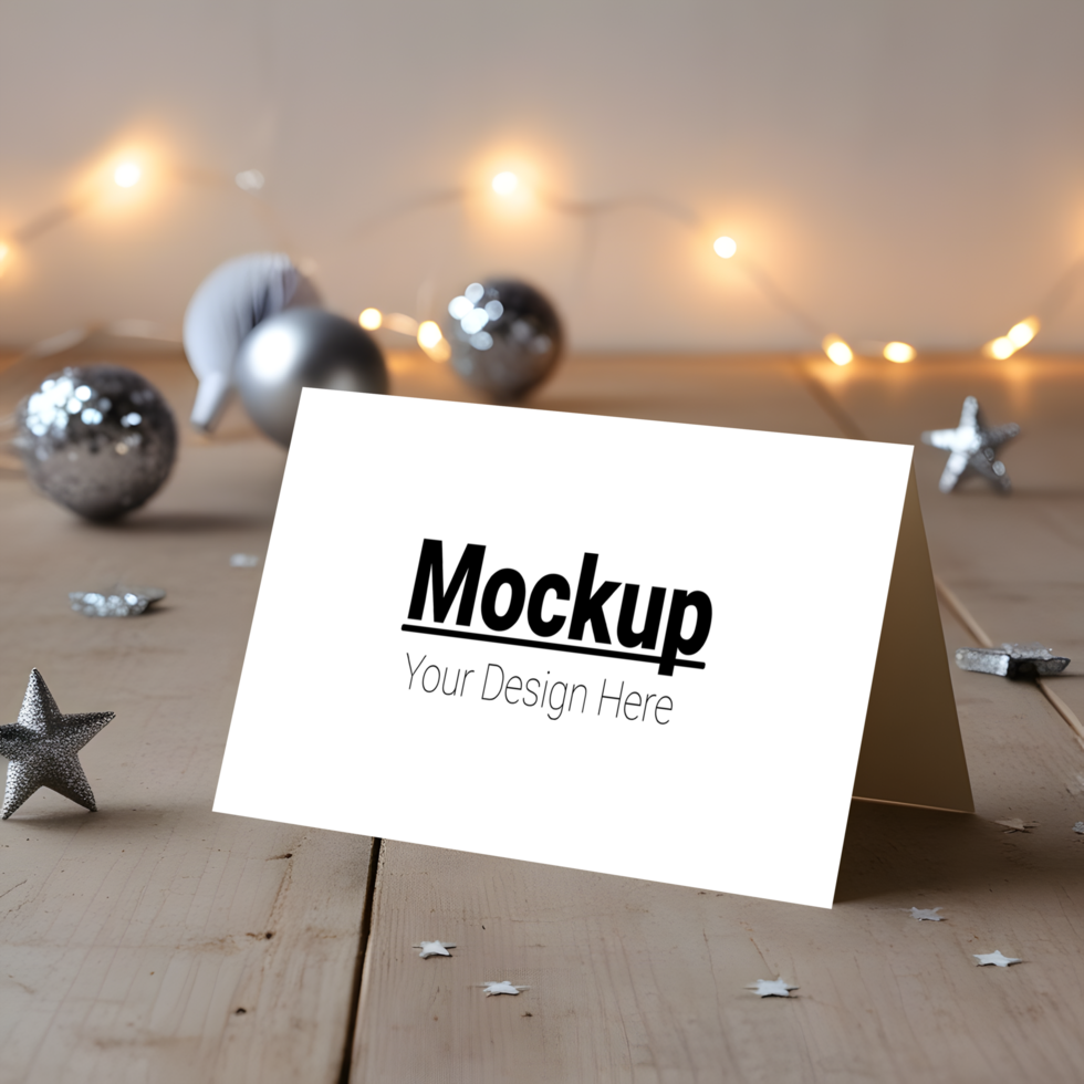 Greeting card mockup on wooden table psd
