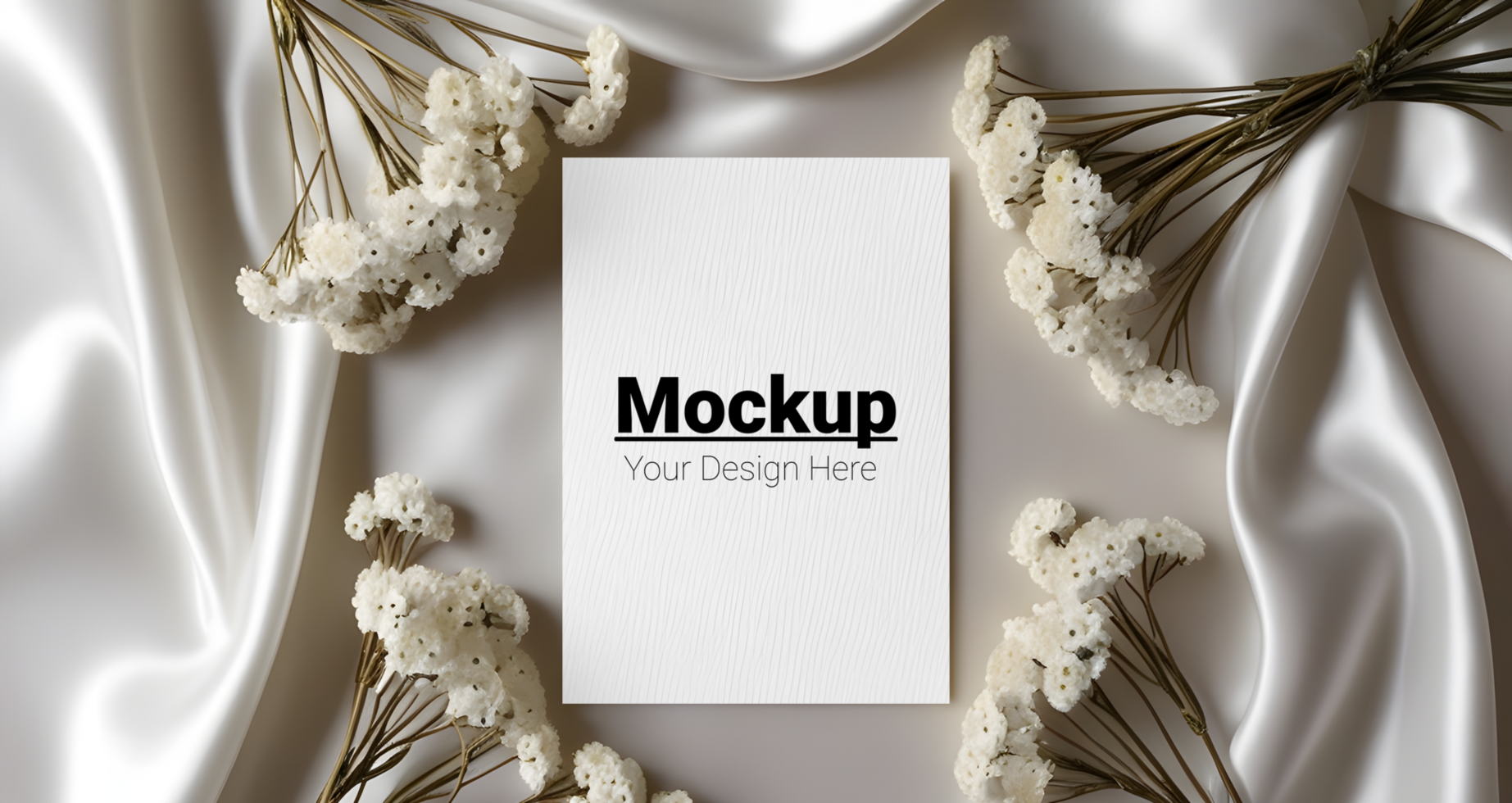 Luxe Card Mockup Featuring Satin Drapes and Subtle White Dried Flowers psd