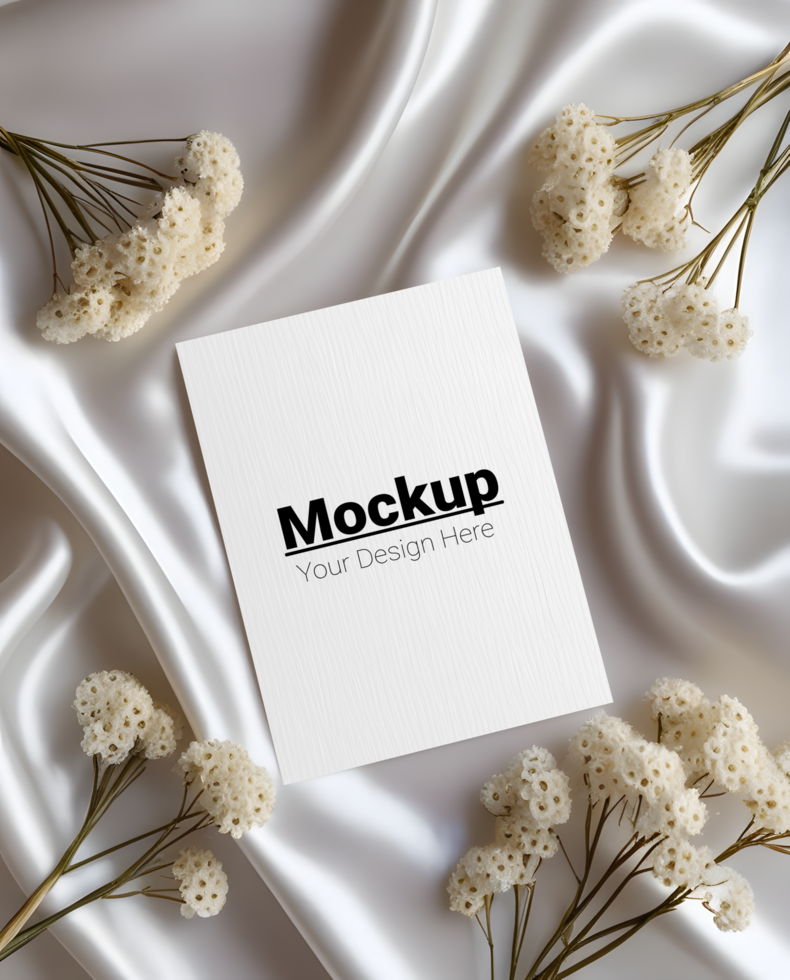 Elegant Greeting Card Display with White Dried Florals and Satin Fabric psd