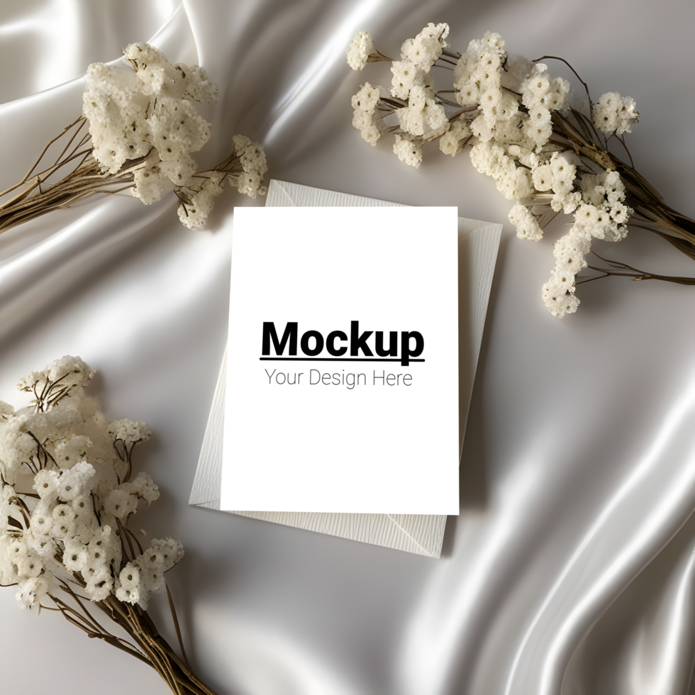 Sophisticated Card Arrangement with Silky Satin and Dried White Florals psd