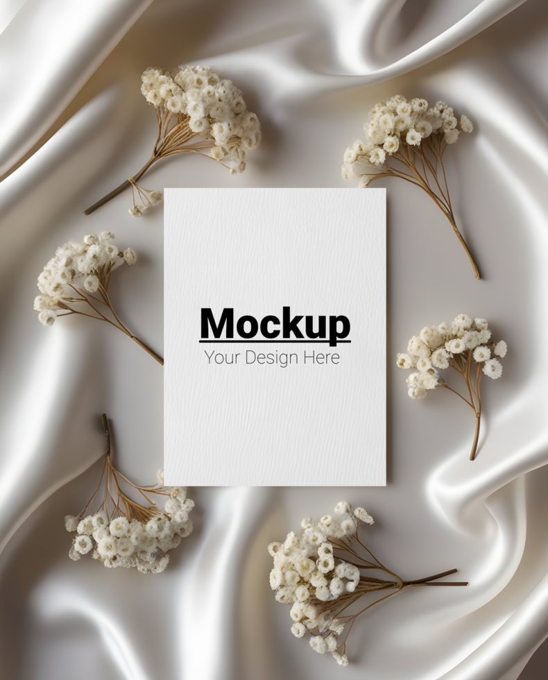 Tranquil Greeting Card Arrangement with Silky Fabric and Dried White Flowers psd