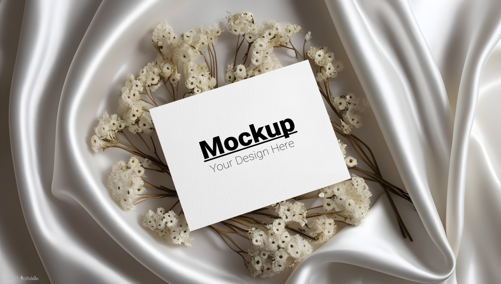 Serene Greeting Card Scene with Satin Elegance and Dried White Flowers psd