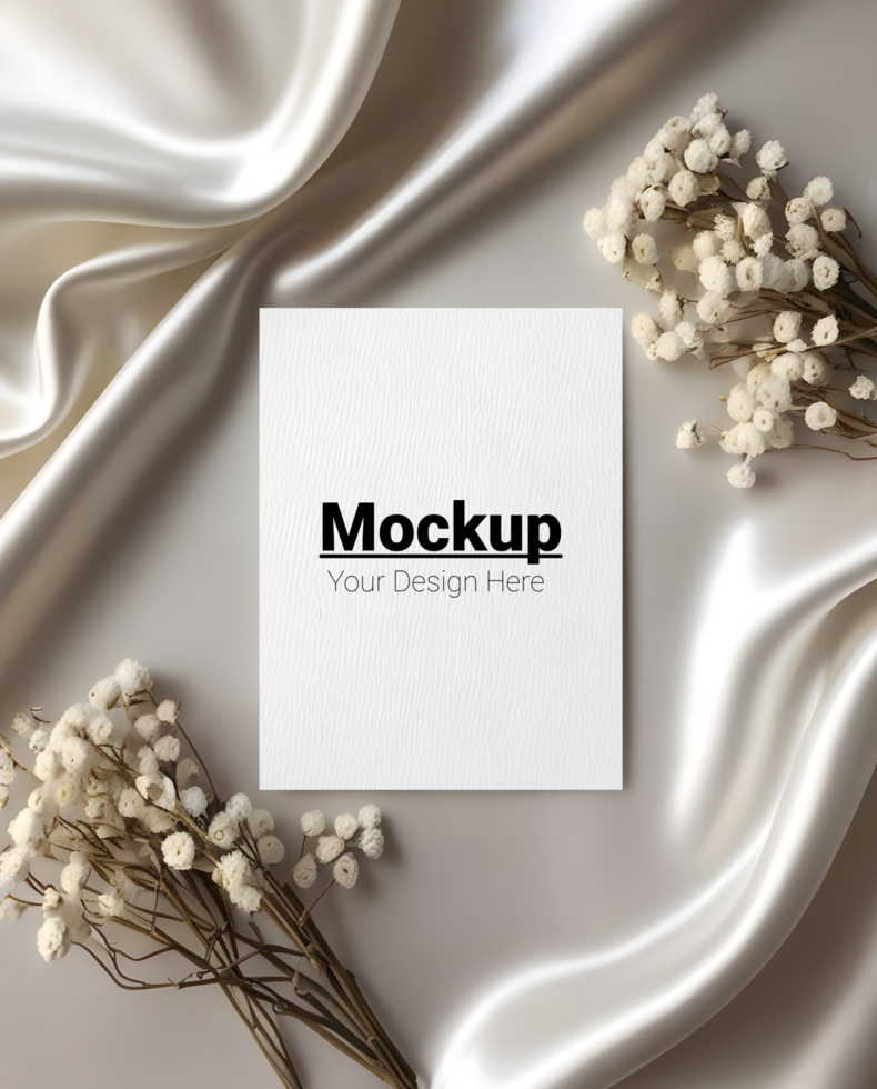 Serene Greeting Card Mockup on Satin with White Dried Flowers psd