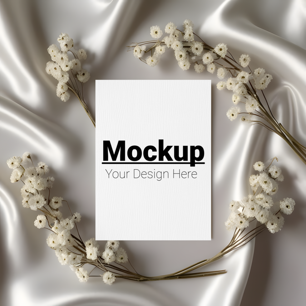Elegant Greeting Card Mockup with White Dried Flowers and Satin Fabric psd