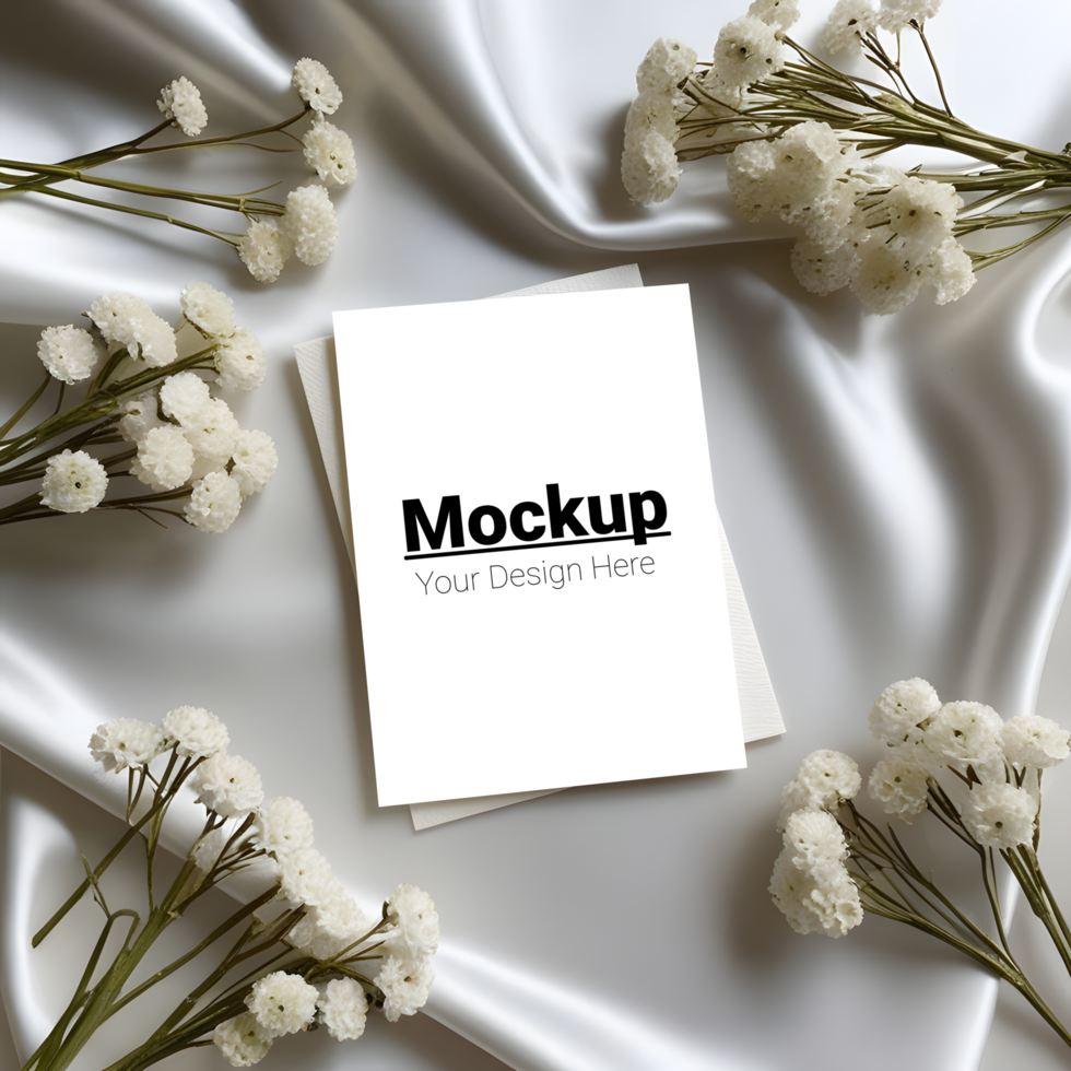 Pure Greeting Card Mockup Surrounded by White Florals and Satin Drapes psd