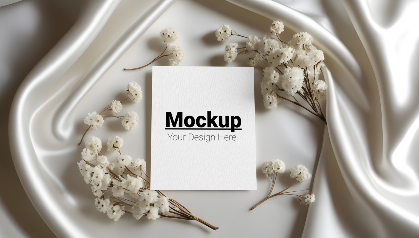 Minimalist Greeting Card Display on Satin with Soft White Botanicals psd