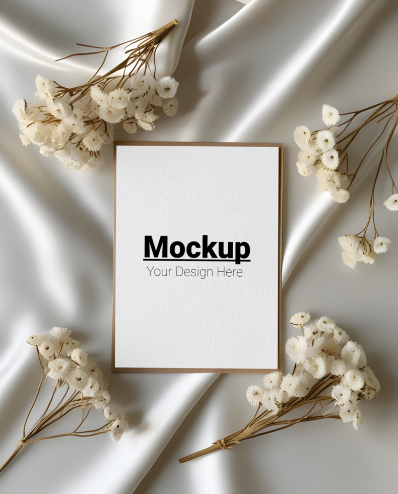 Timeless Greeting Card Mockup Adorned with Satin and White Dried Blooms psd