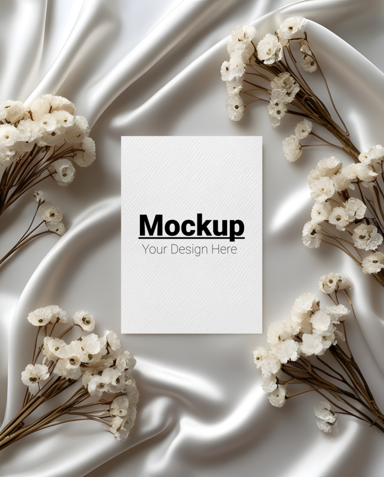 Subtle Greeting Card Display with Satin Layers and White Floral Accents psd