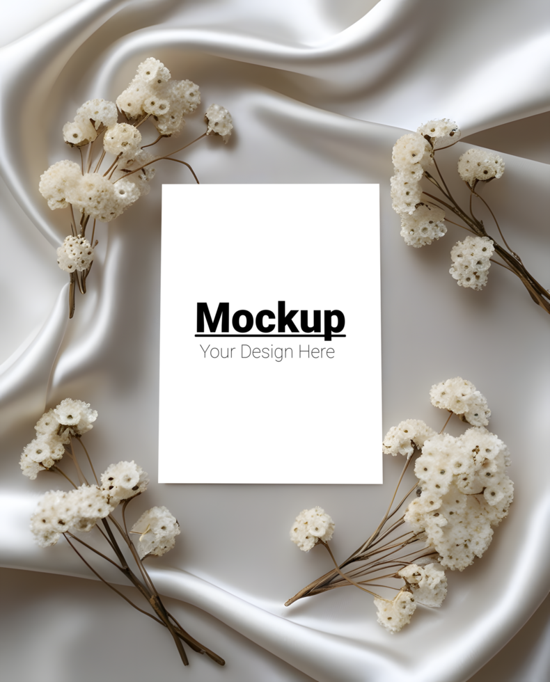 Elegant Greeting Card Display Enhanced by White Florals and Satin Texture psd