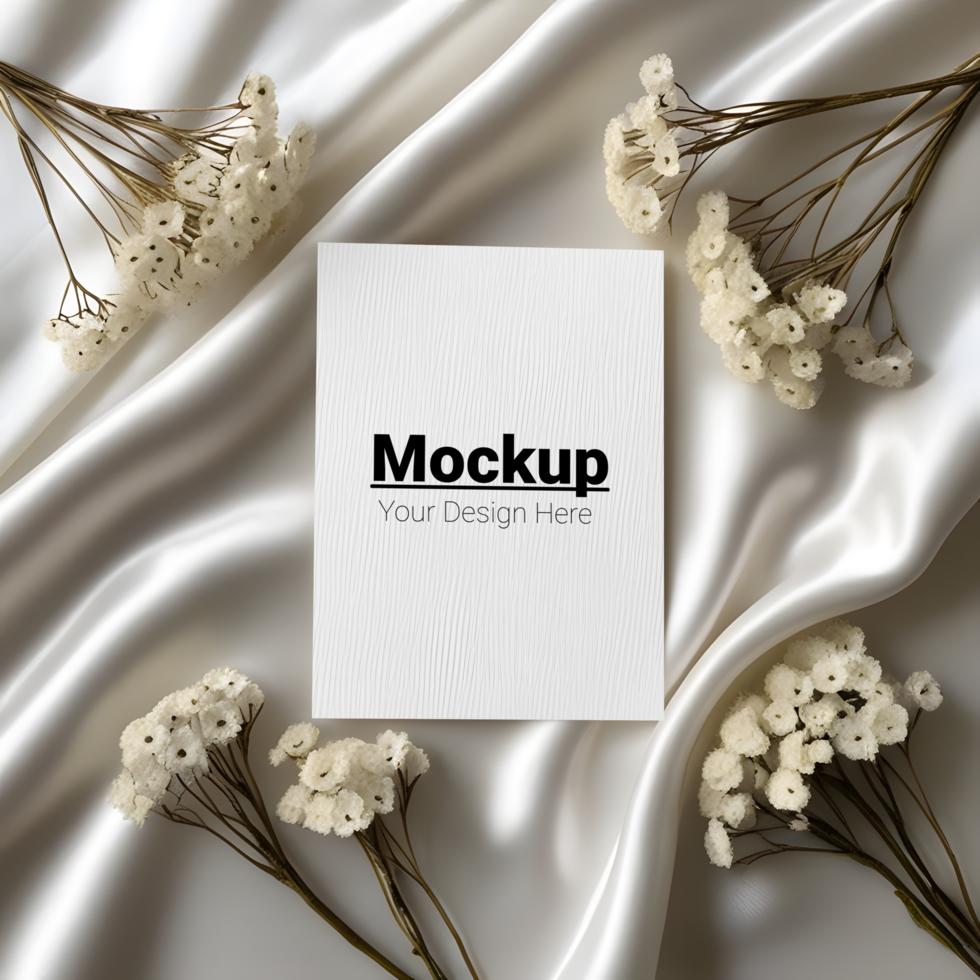Soft Greeting Card Arrangement with Satin Fabric and White Floral Decor psd