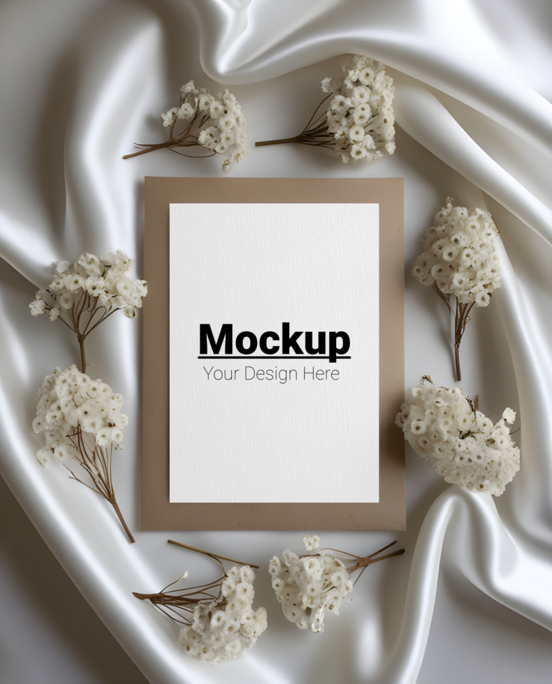 Graceful Greeting Card Presentation with Satin Fabric and White Dried Blooms psd