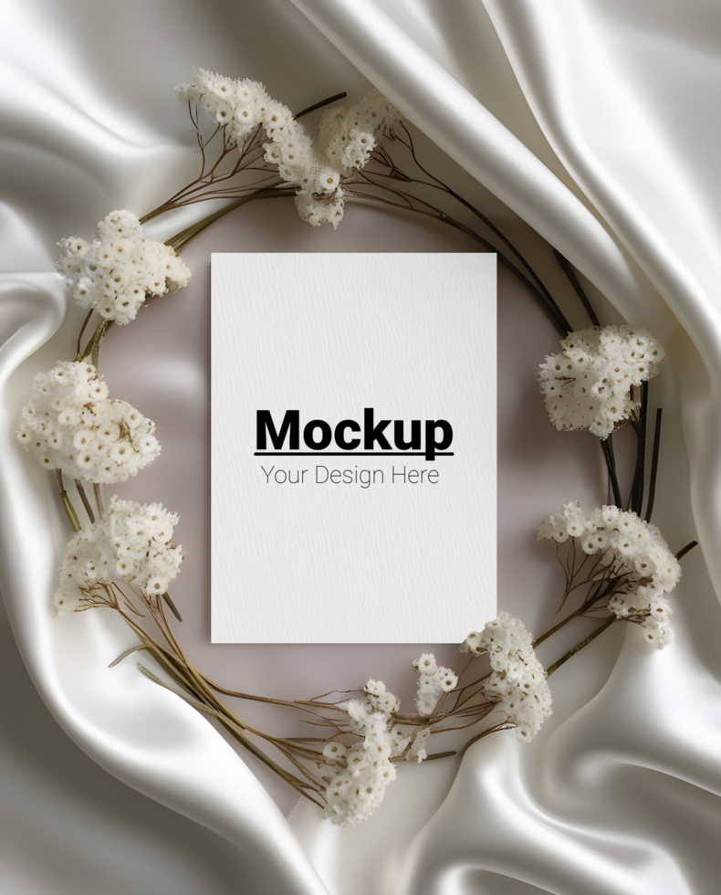 Sophisticated Greeting Card Setup with White Dried Flowers on Satin psd