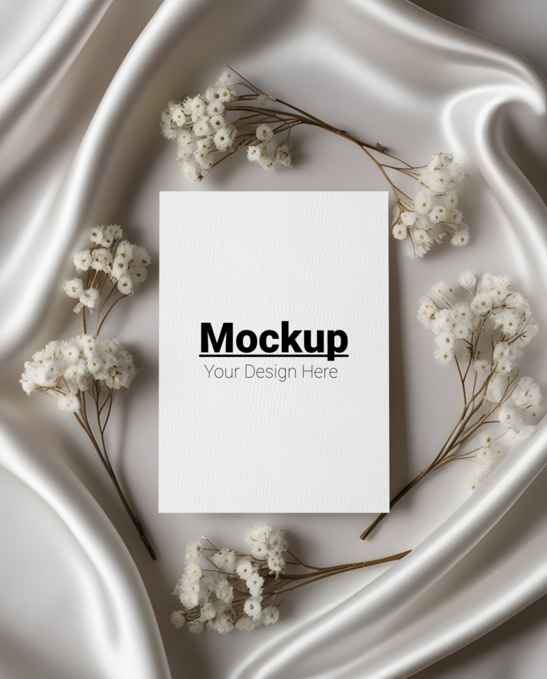 Graceful Greeting Card Layout with Flowing Satin and White Floral Accents psd