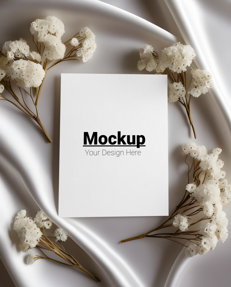 Minimal Greeting Card Mockup with Soft Satin and Delicate White Flowers psd