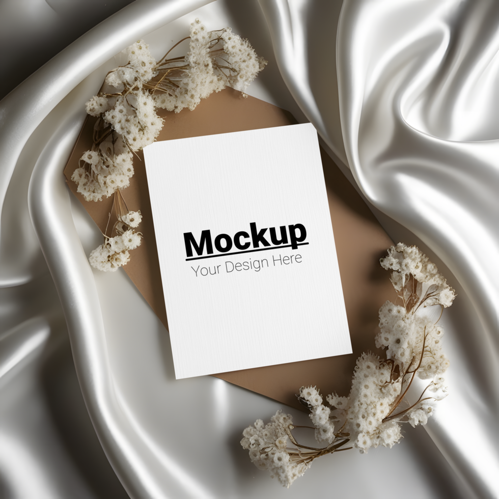 Refined Greeting Card Layout with Satin and White Floral Accents psd