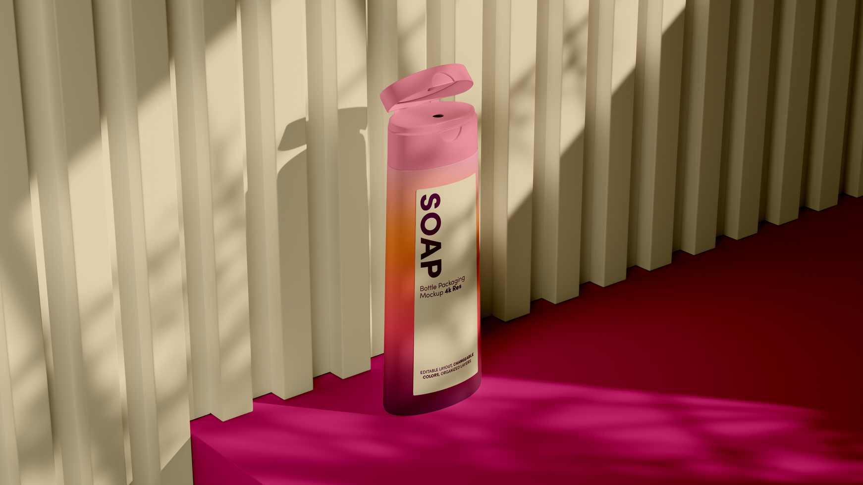 A pink tube of hair spray sitting on a red surface psd