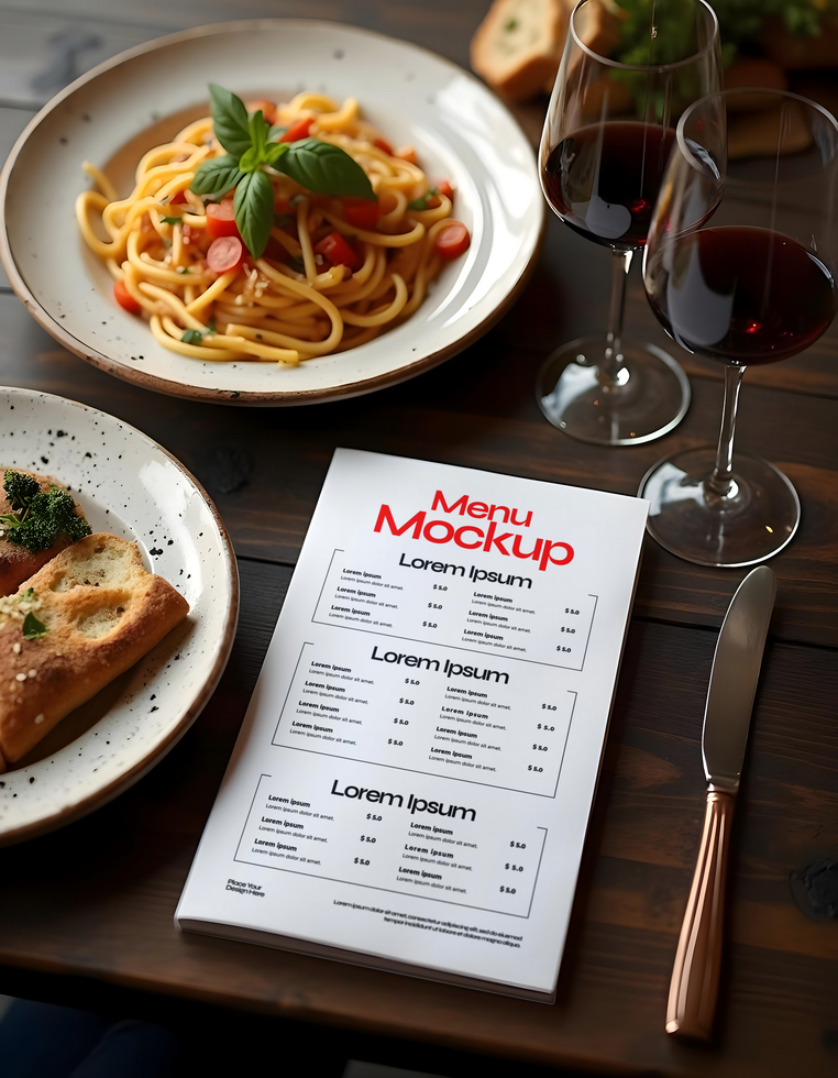 book menu mockup Restaurant branding with spagetti psd