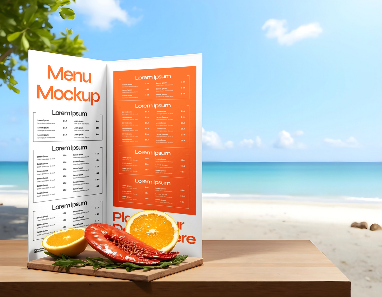 book menu mockup Restaurant branding at beach psd