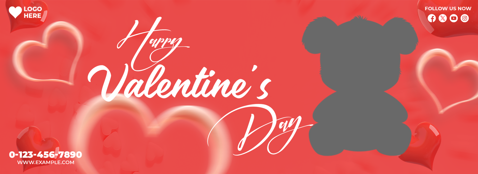 Happy Valentines Day Horizontal Card with Teddy Bear and Hearts psd