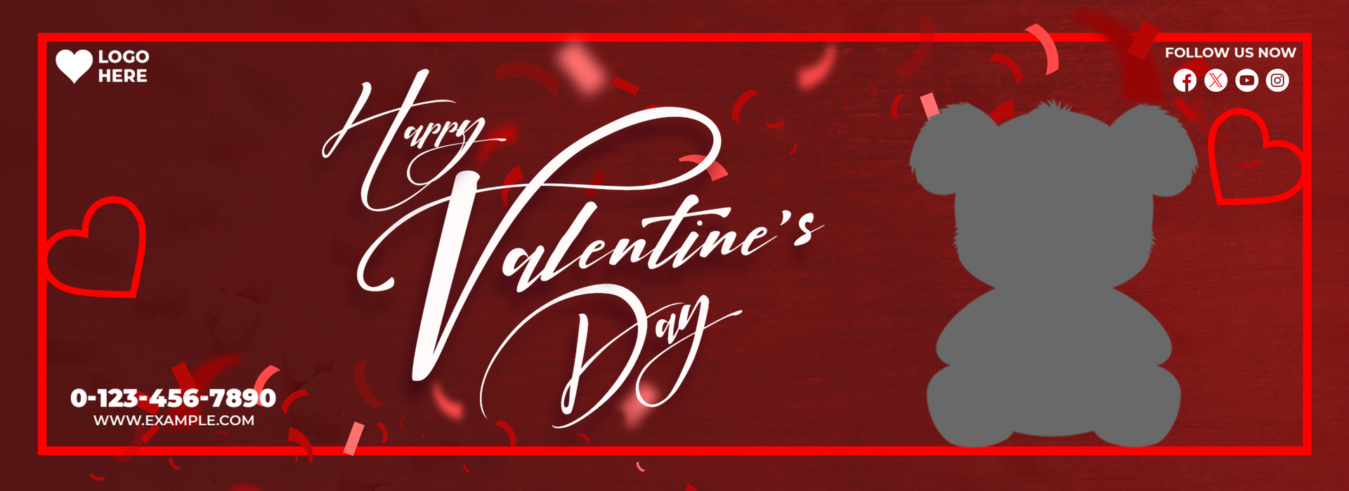 Horizontal Card for Valentine's Day with Teddy Bear and Hearts psd