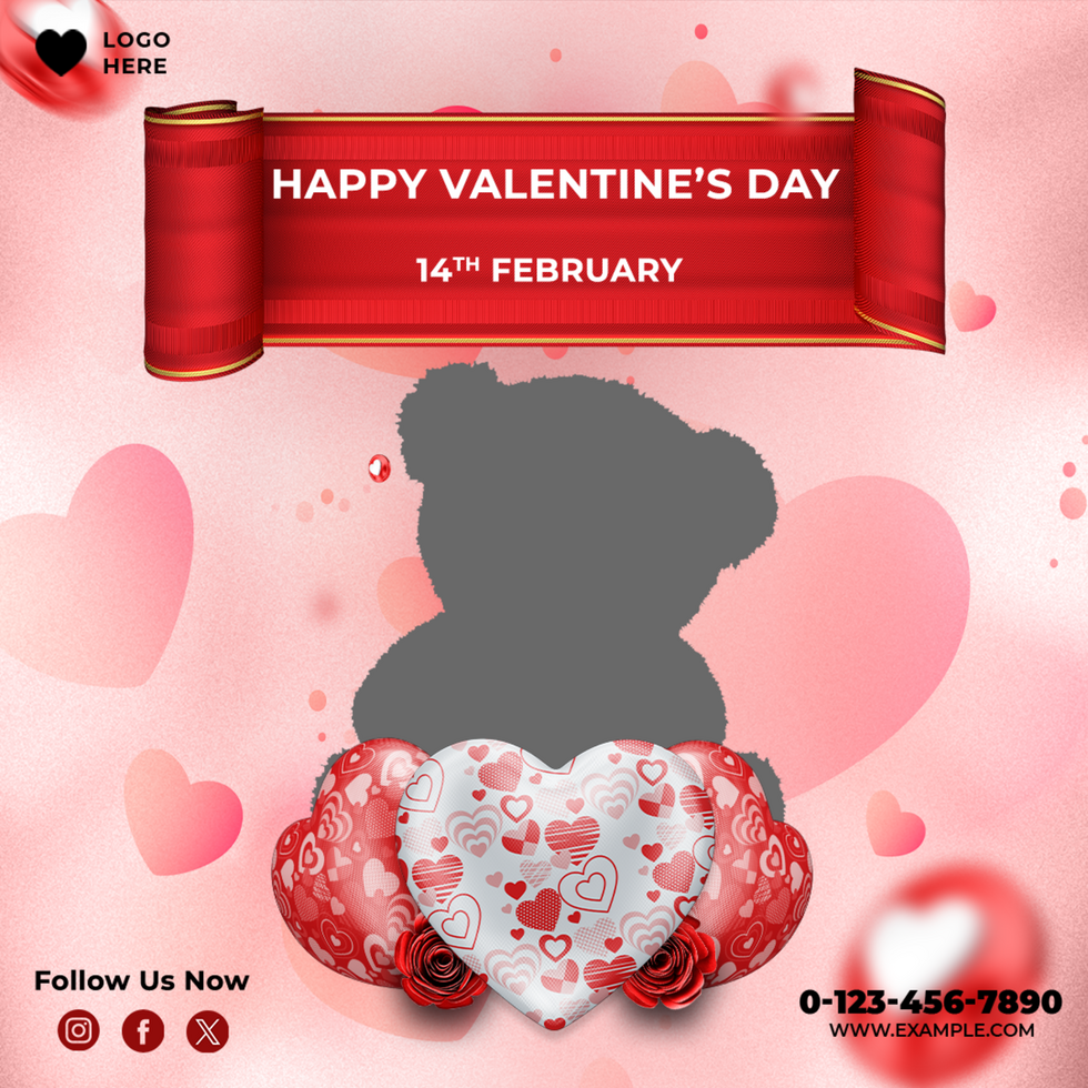 Happy Valentine's Day wishes with Teddy Bear and 3D Hearts psd