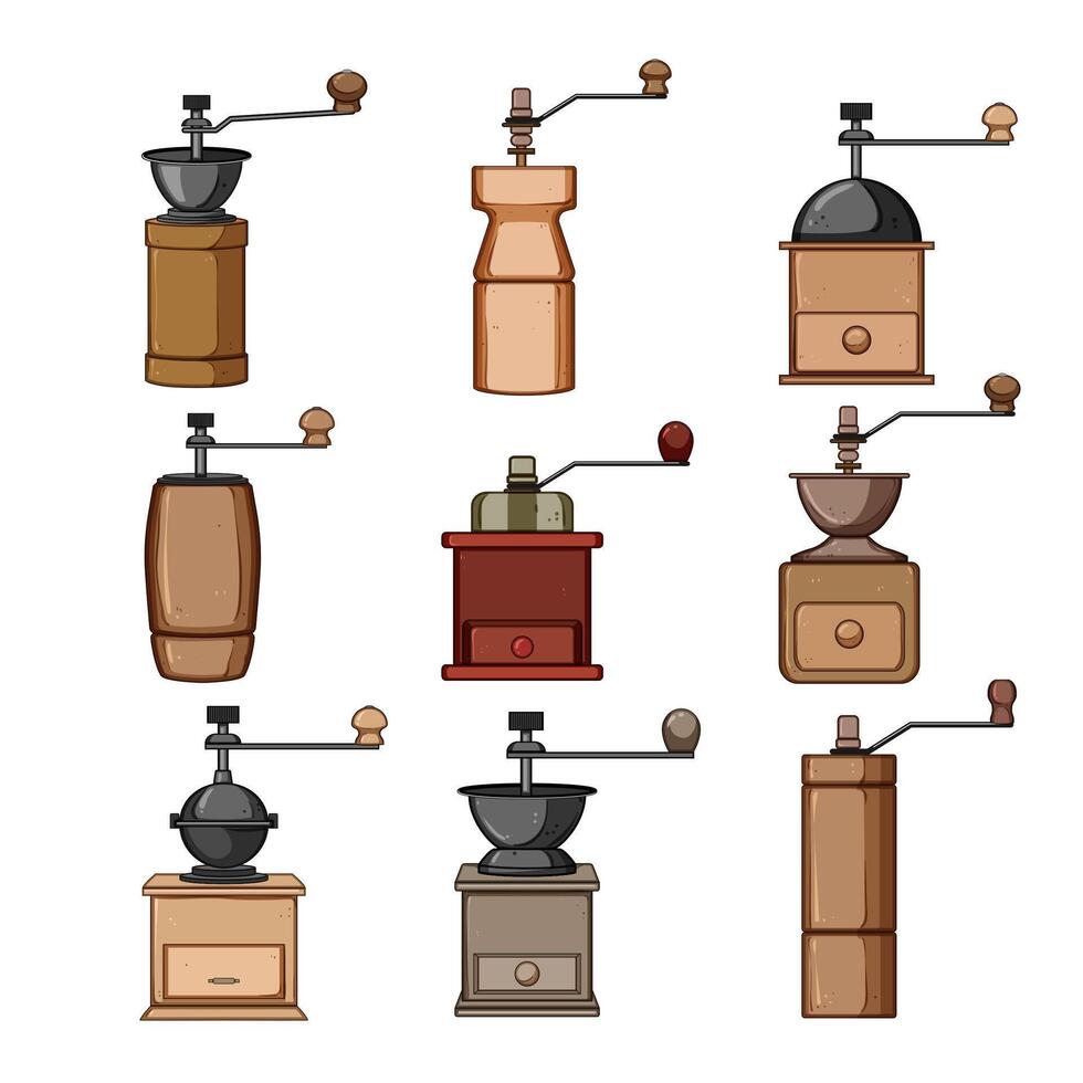 manual coffee grinder set cartoon illustration vector
