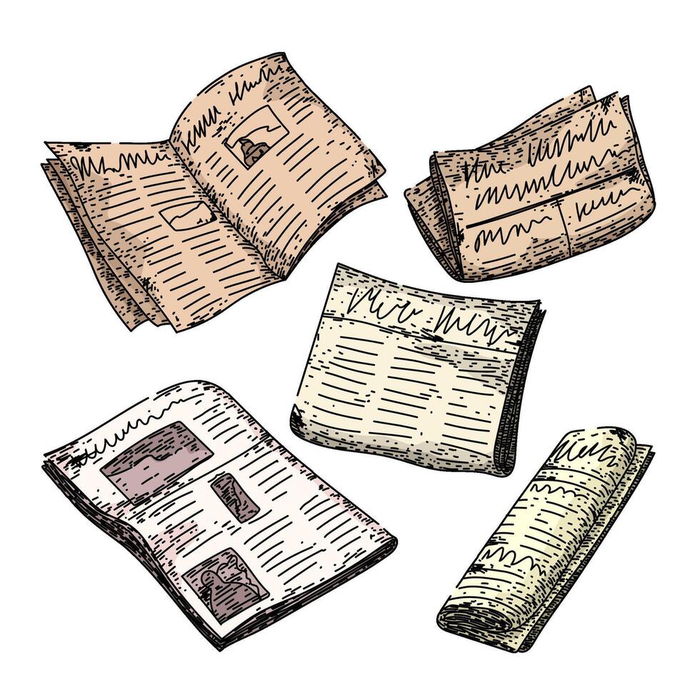 old newspaper set sketch hand drawn vector