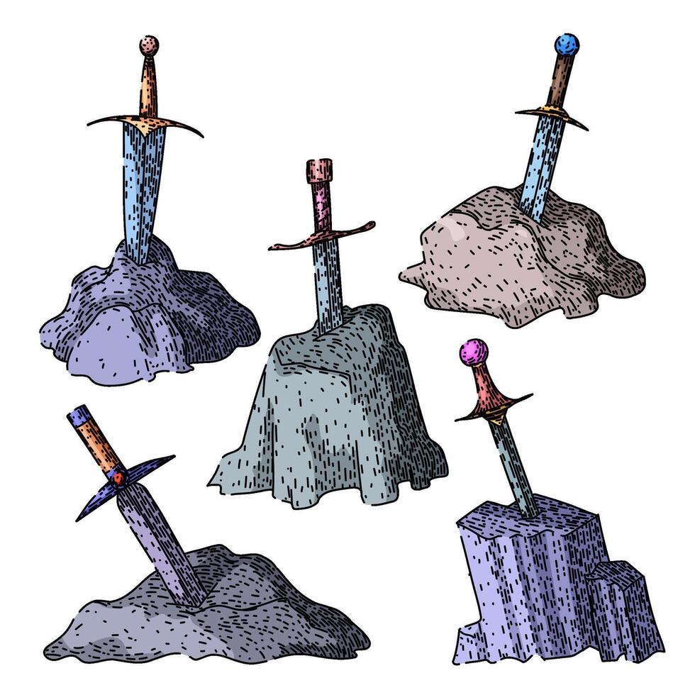 sword stone set sketch hand drawn vector