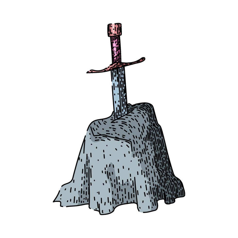 myth sword stone sketch hand drawn vector