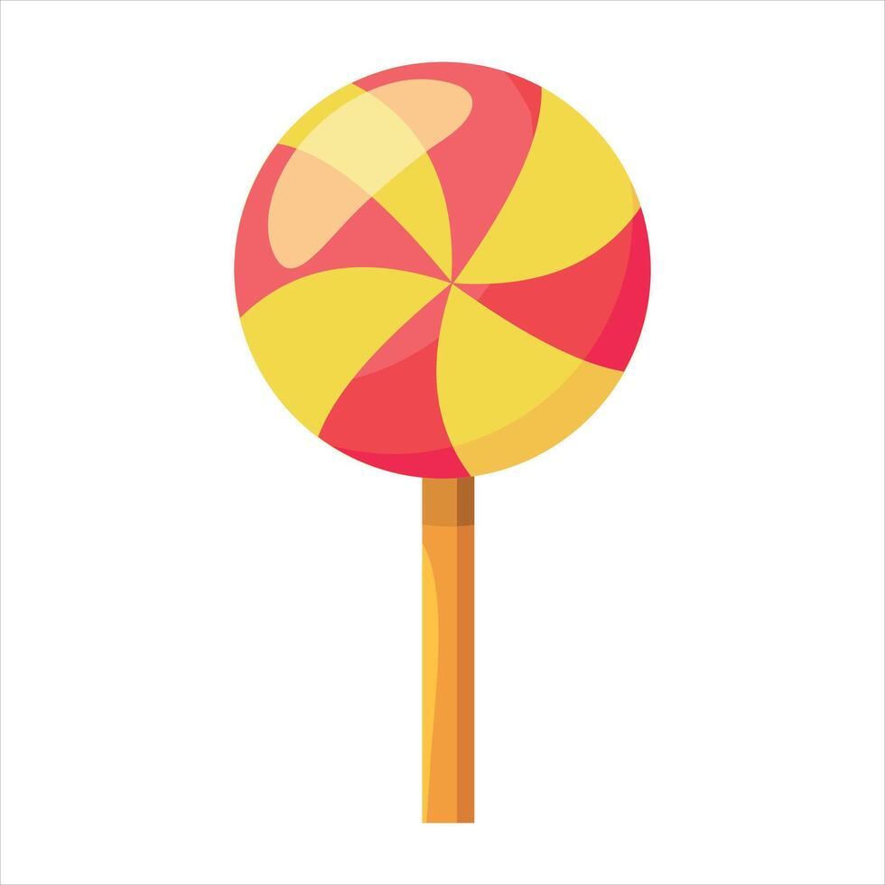 A vibrant lollipop illustration. A round candy top with a striking red base, wavy yellow stripes, lighter pink highlights, and an orange stick with a yellow streak against a white background vector
