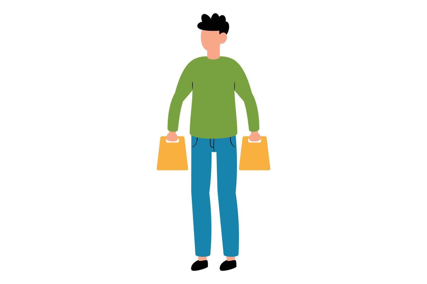 A person with short, dark hair holds yellow shopping bags, for customer in business and finance design elements vector