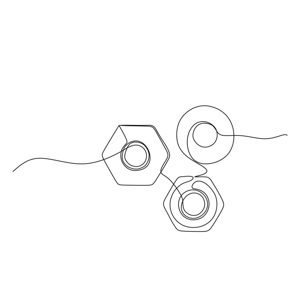 A minimalist line drawing two hexagonal nuts and a circular object. Continuous line drawing abstract design vector
