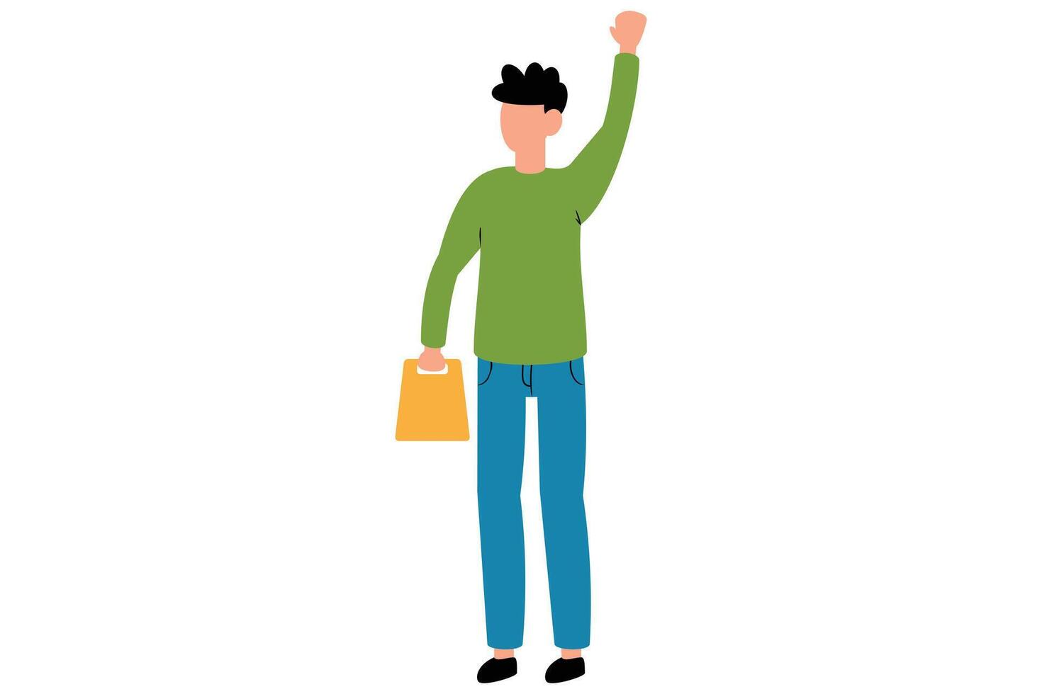 A young person with short, dark hair holds a yellow shopping bag in one hand and raises the other. Flats style design element for business and finance theme concept vector