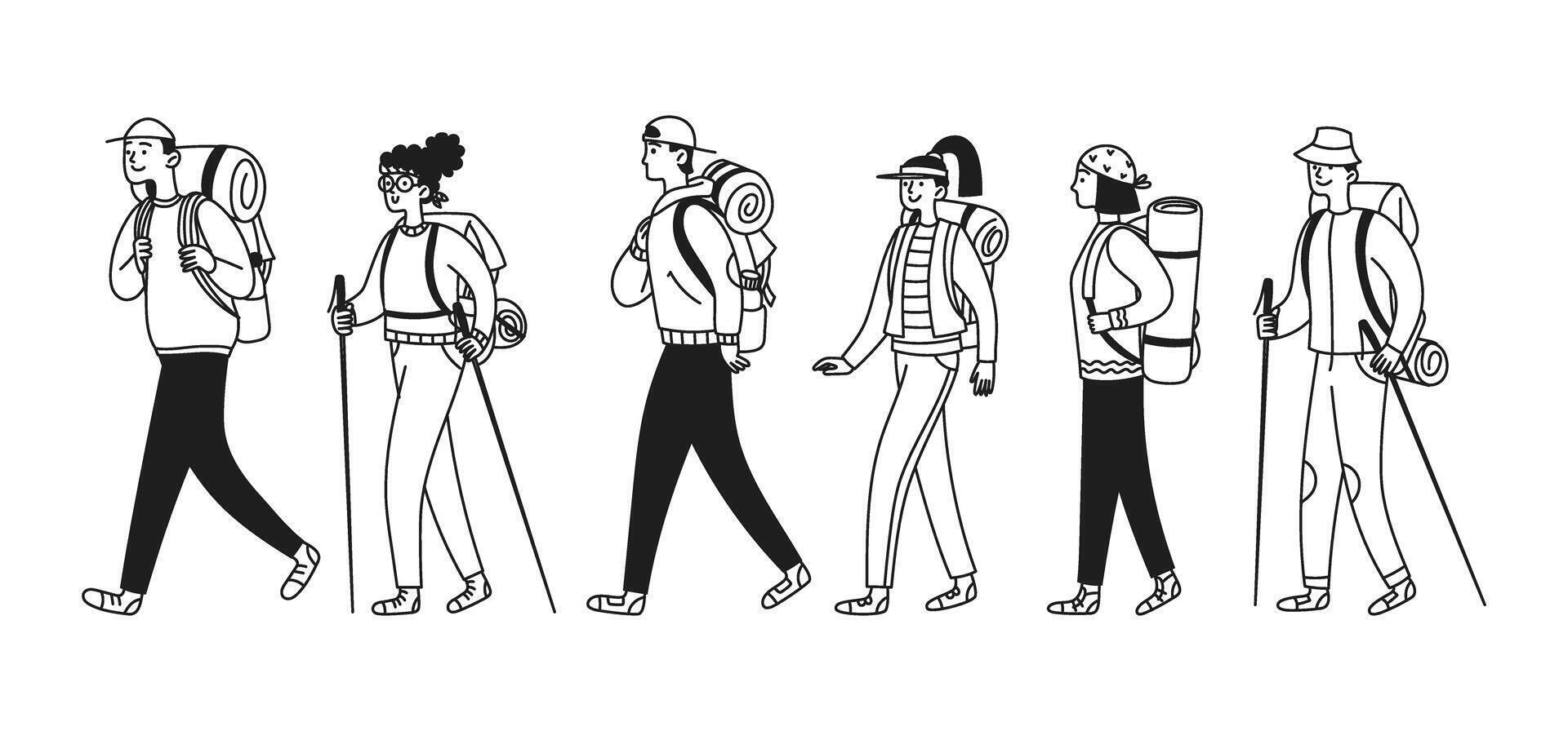 Set of people walking, hiking. Men and women with hiking gear. Simple doodle illustration vector